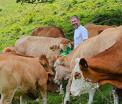 Robert Kügerl bei seinen Kühe auf der Wiese